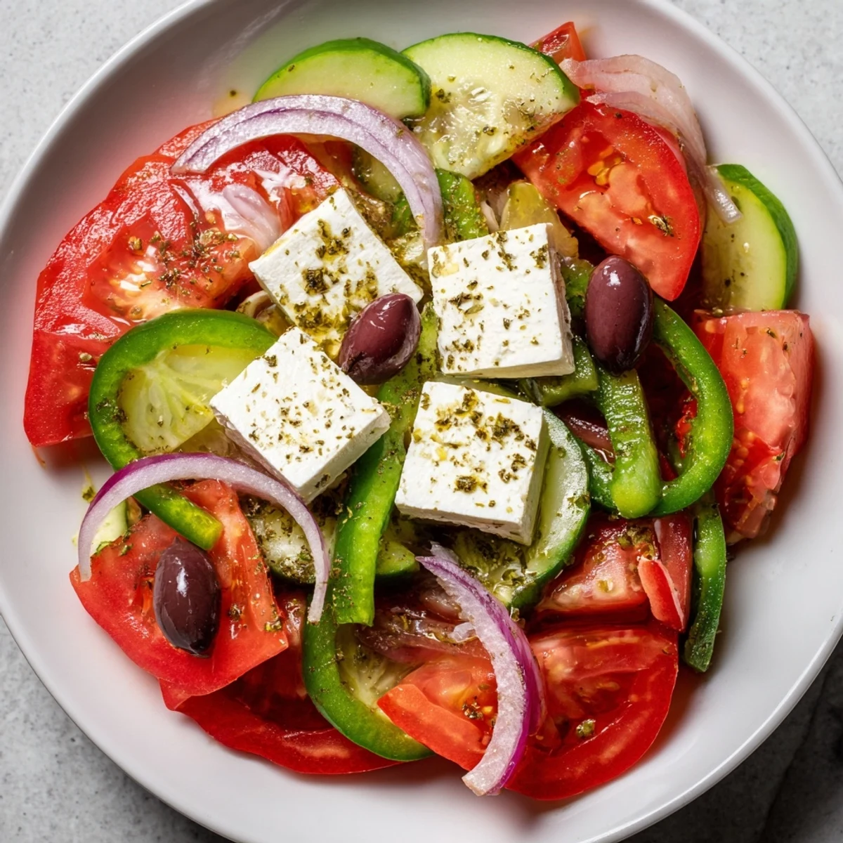Vibrant Greek Salad with Kalamata olives and feta, showcasing fresh, colorful ingredients ready to enjoy.