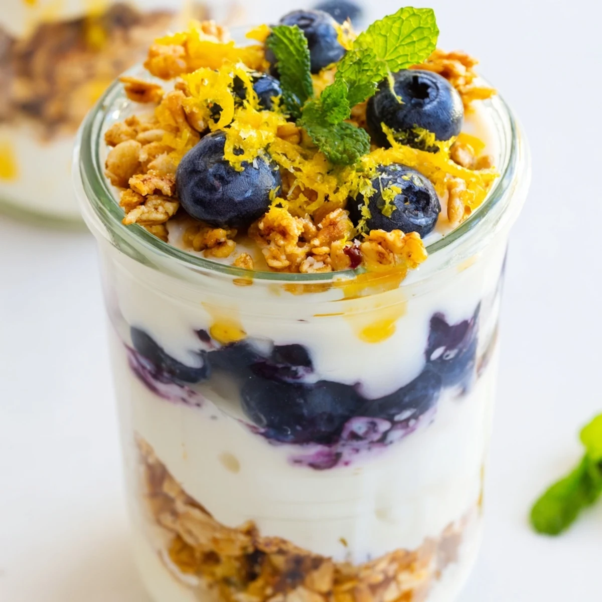 Smooth, creamy Lemon Blueberry Yogurt Parfait layered with fresh berries and crunchy granola.