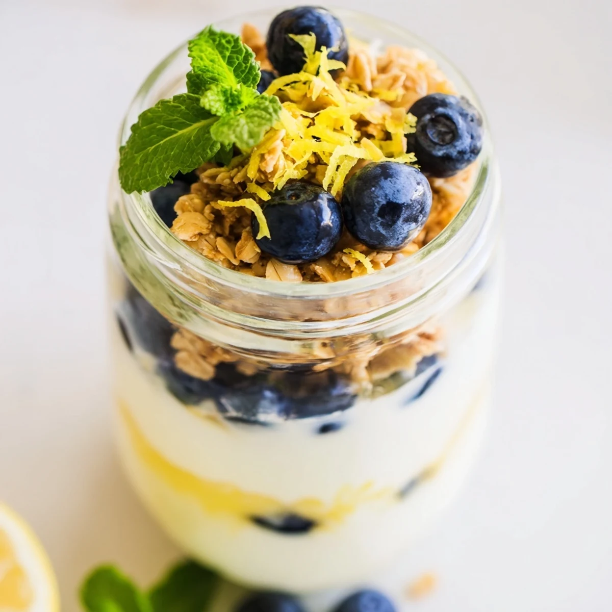 Enjoy the beautiful layers of this delicious Lemon Blueberry Yogurt Parfait with honey and fresh mint.