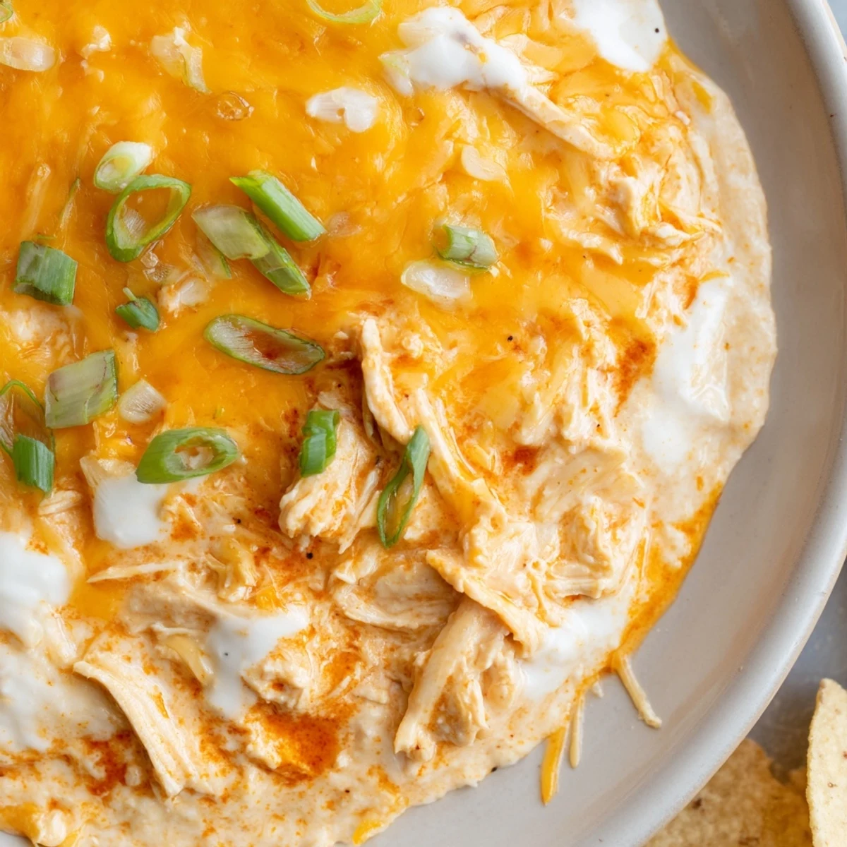 Steaming-hot Spicy Buffalo Chicken Dip with bubbly cheese, served alongside crispy tortilla chips.