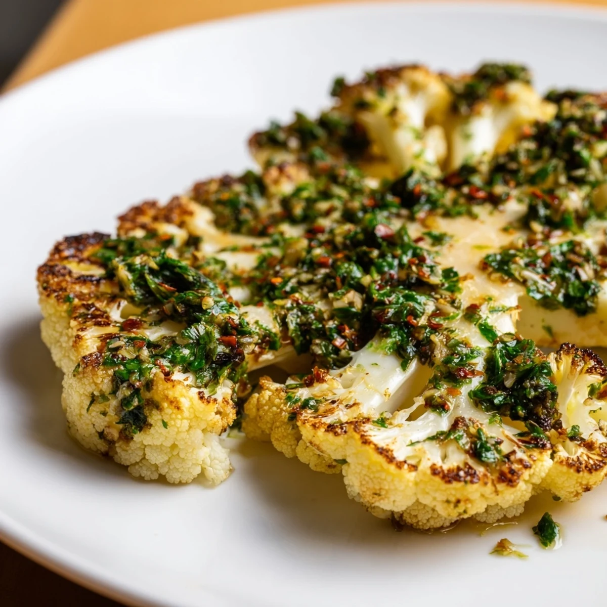 Golden-brown roasted cauliflower steaks, drizzled with vibrant chimichurri, ready to eat.