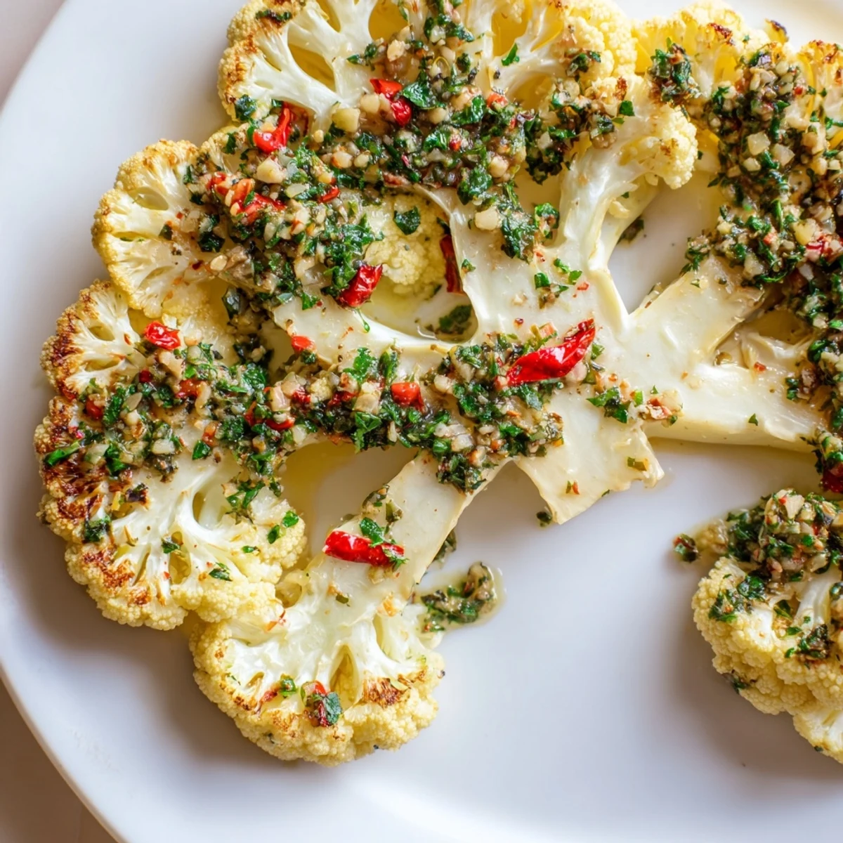 A close-up of delicious roasted cauliflower steaks, a healthy vegan recipe bursting with flavor.