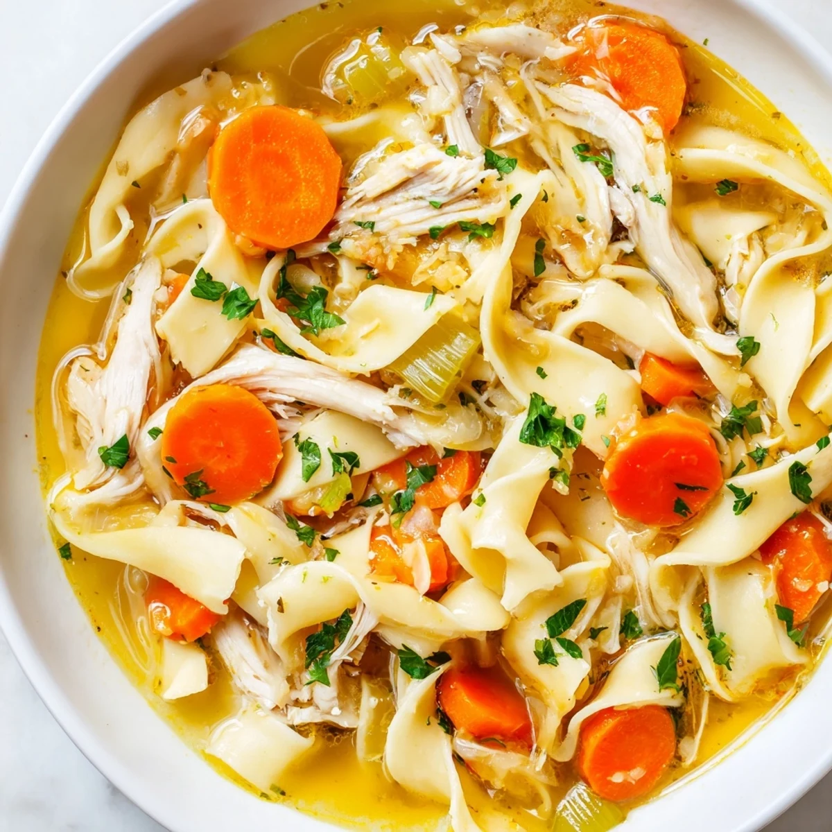 Steaming bowl of Chicken Noodle Soup with Homemade Noodles, perfect for a cozy, comforting meal.