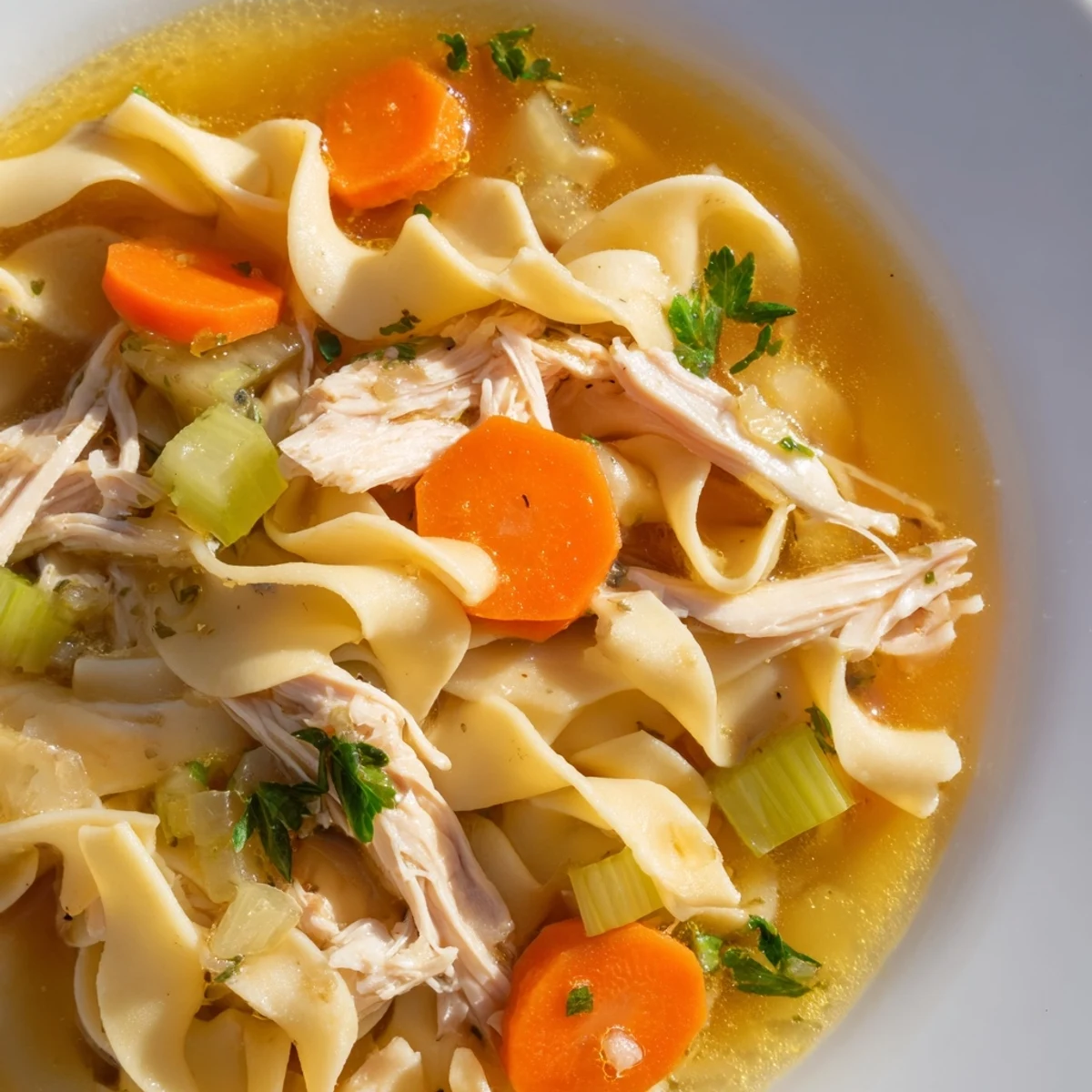 Close-up of golden Chicken Noodle Soup with Homemade Noodles, garnished fresh parsley, ready to eat.