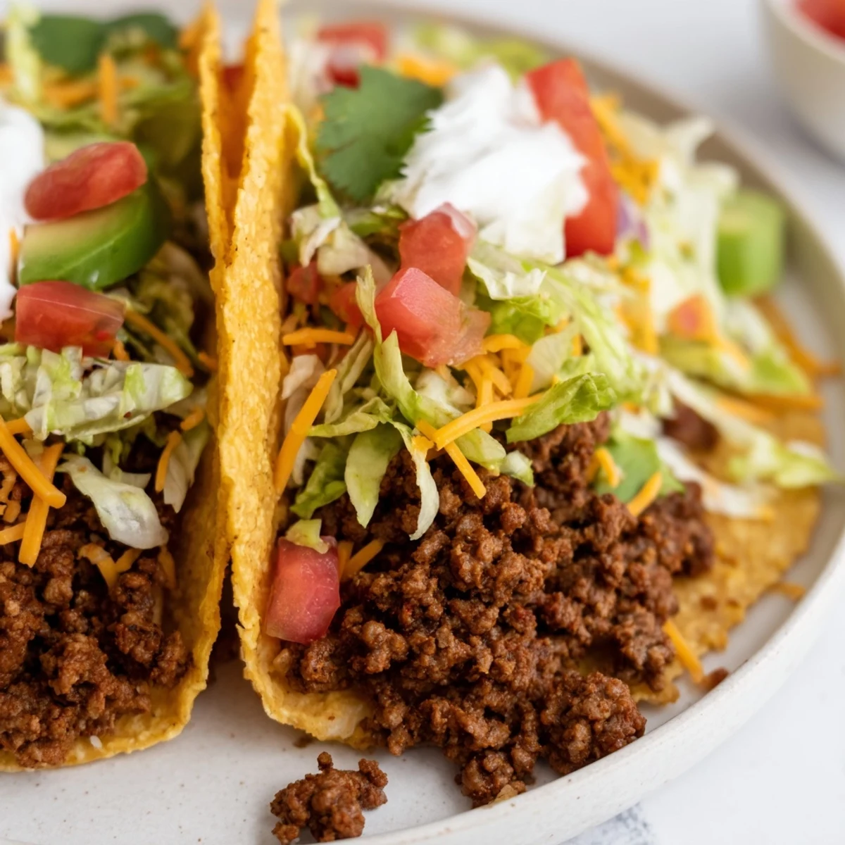 Golden, crispy taco shells brimming with savory beef tacos, garnished with fresh, colorful toppings.
