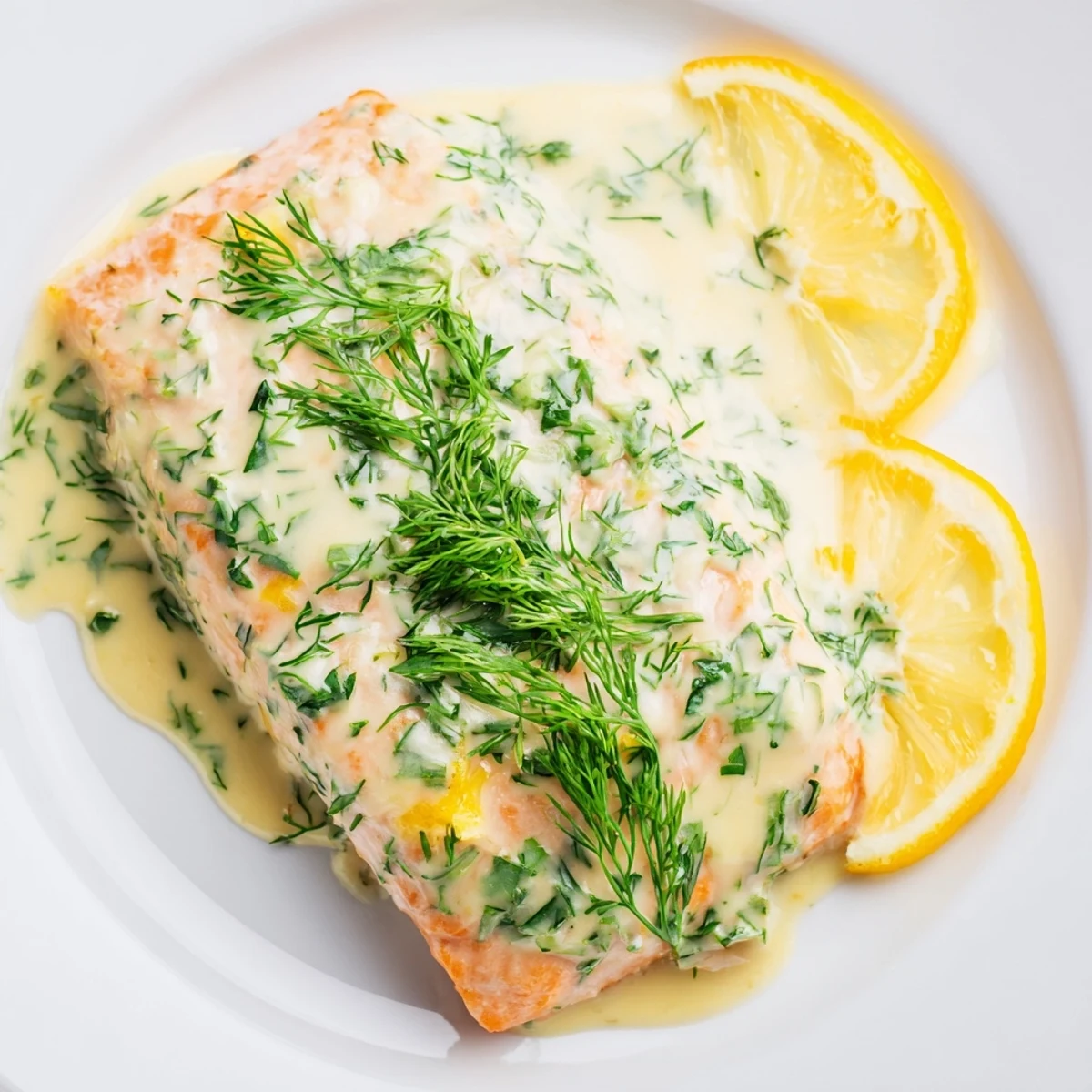 Golden-brown Baked Salmon with Dill and Lemon Sauce, rich with creamy, herbaceous flavors.