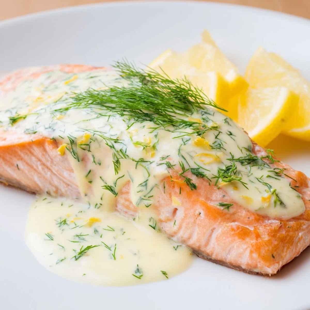 Delicious, flaky Baked Salmon with Dill and Lemon Sauce, swimming in a vibrant lemon-dill sauce.