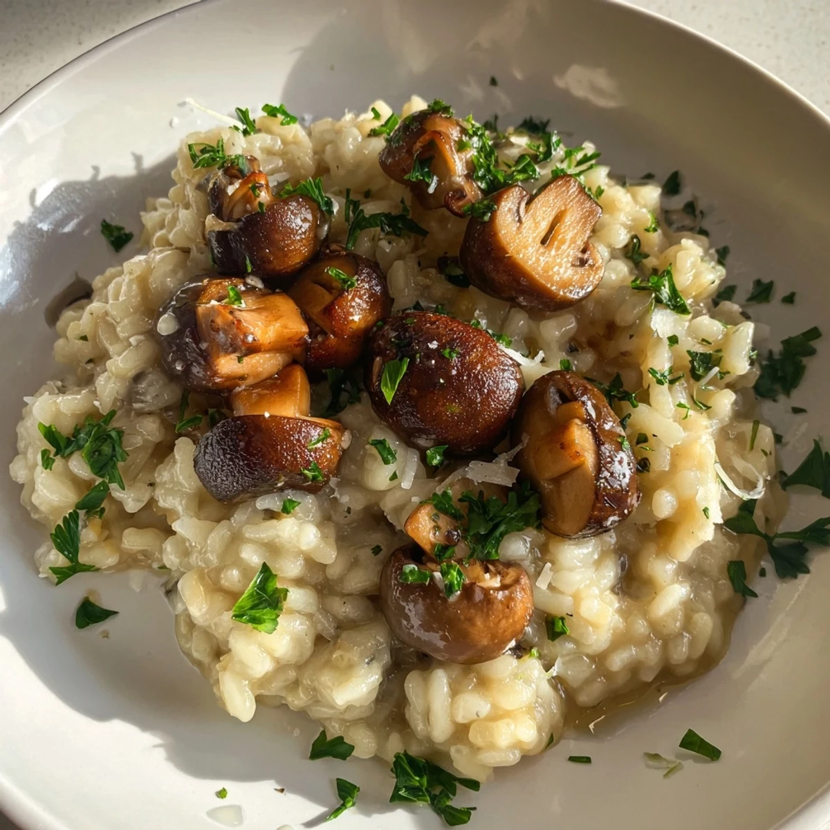 Creamy Mushroom Risotto, garnished with fresh parsley and glistening truffle oil, ready to serve.
