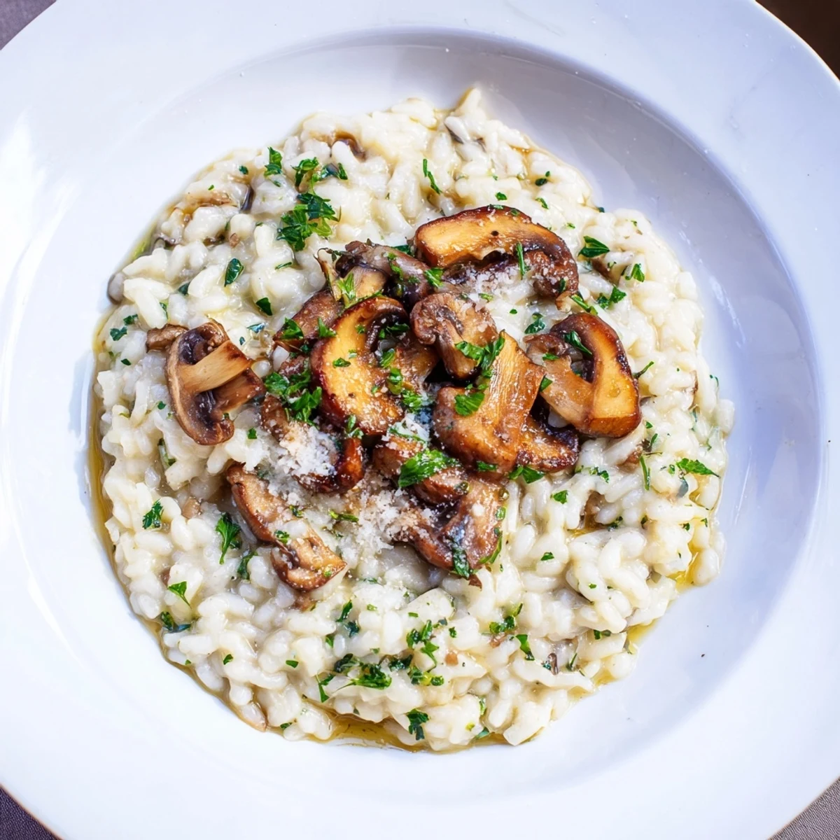 A close-up of a delightful Mushroom Risotto, showcasing the creamy texture and earthy mushroom pieces.