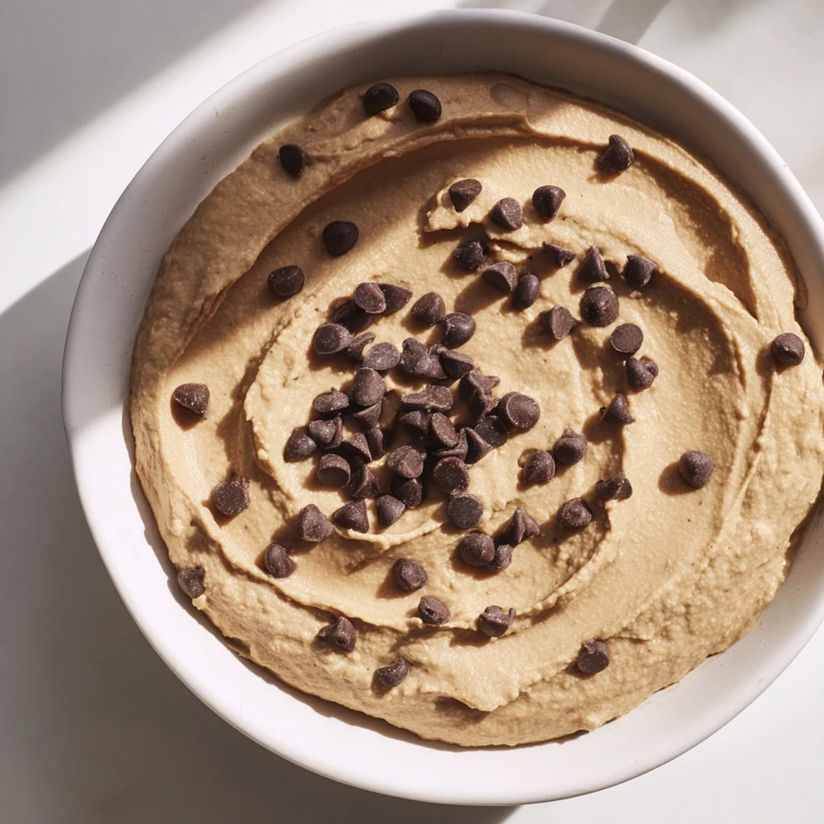Creamy Chocolate Chip Cookie Dough Hummus, ready to serve with fruit, has visible mini chocolate chips.
