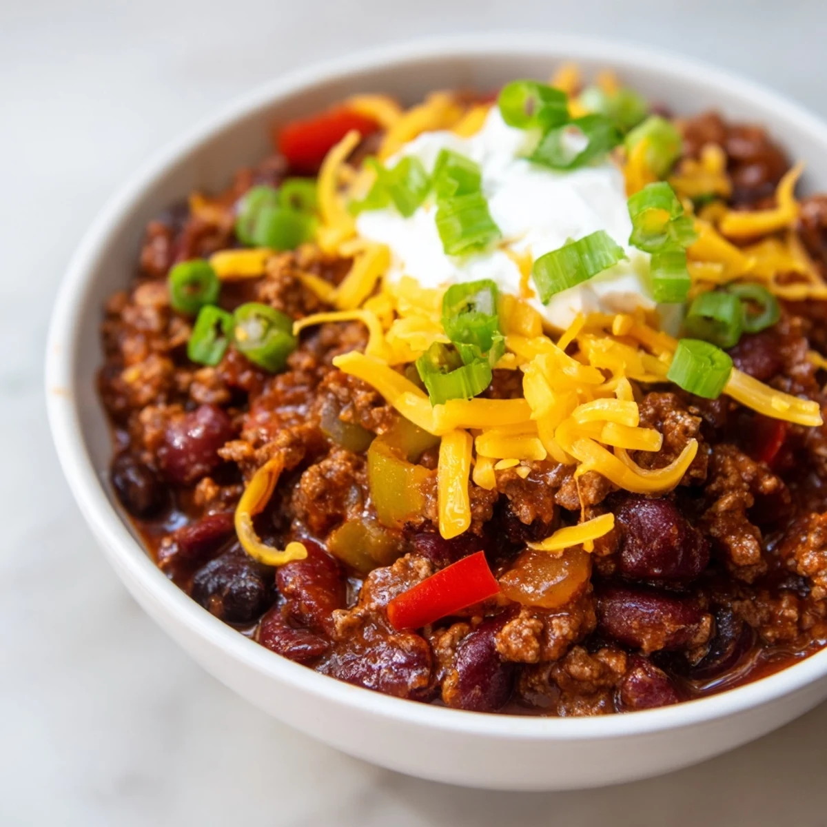A steaming bowl of hearty Beef and Bean Chili with Sharp Cheddar, topped with melted cheese and fresh green onions.