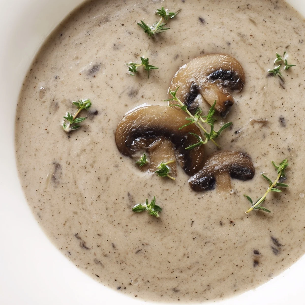Creamy Mushroom Soup with Fresh Thyme steaming in a rustic bowl with visible mushroom pieces and thyme garnish.