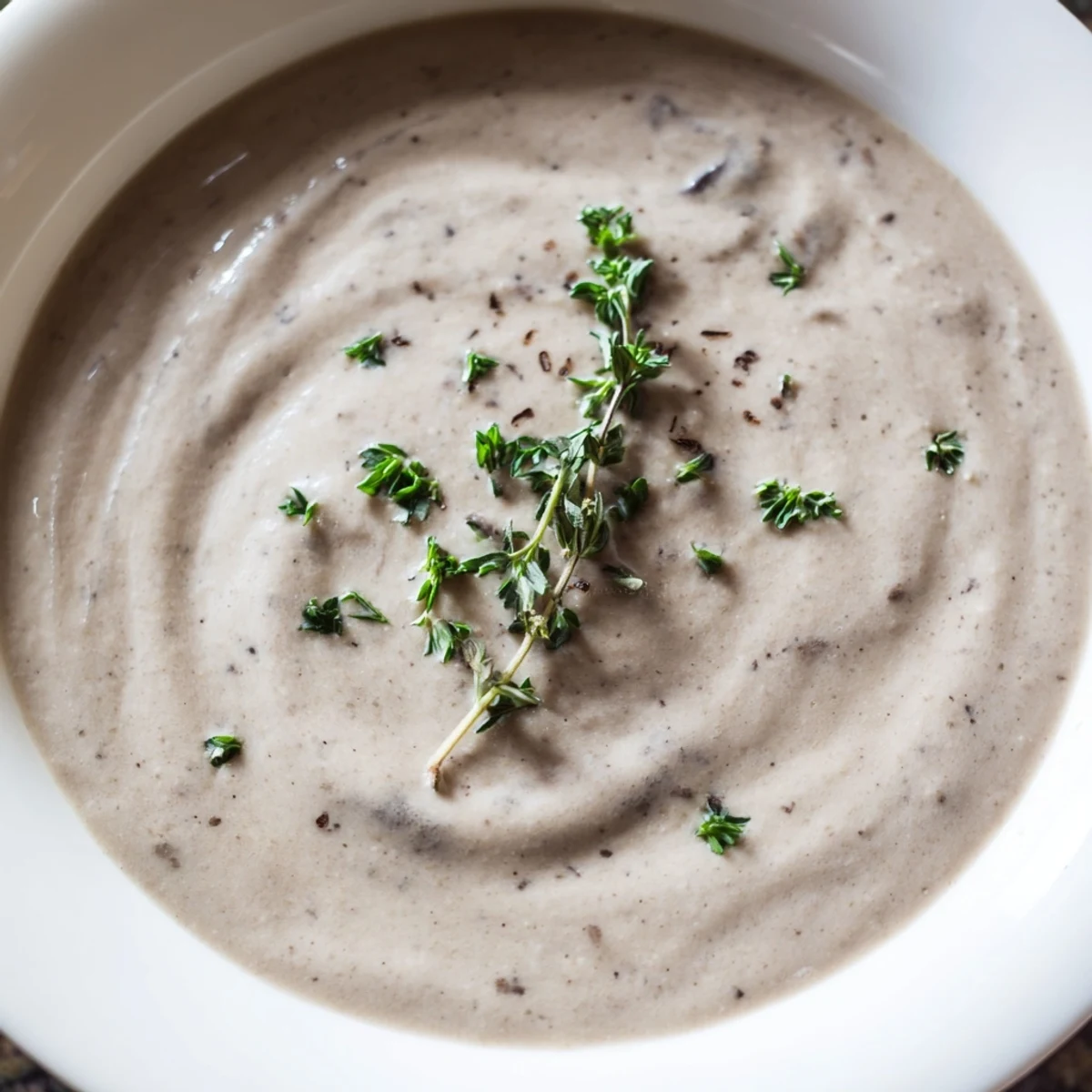 A close-up of Creamy Mushroom Soup with Fresh Thyme in a white bowl, paired with crusty bread and a wine glass.