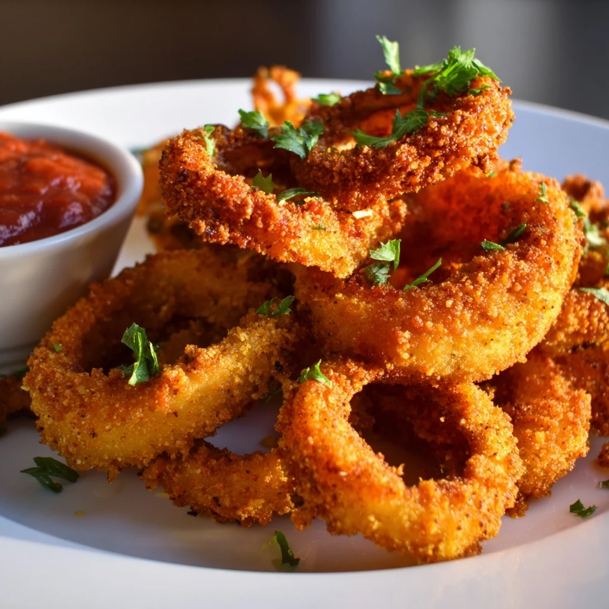 Crispy Calamari with Marinara Dipping Sauce garnished with parsley, ready to share as an appetizer