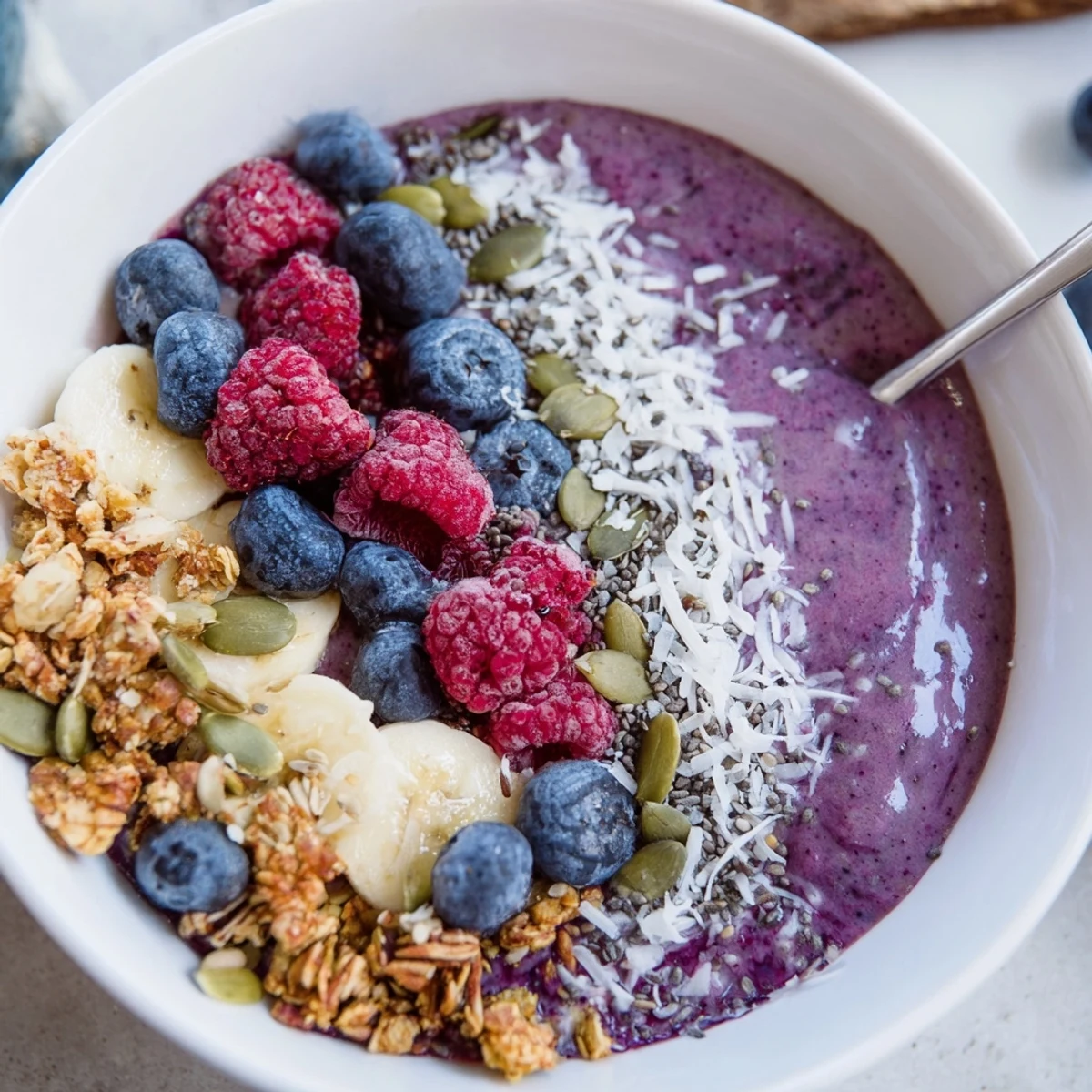 Two glass bowls hold a deep purple Winter Berry Smoothie Bowl with chia seeds, garnished with sliced banana and coconut for a nourishing snack.
