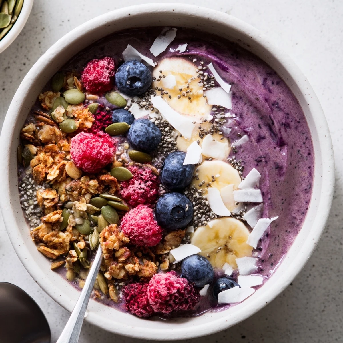 Thick, creamy Winter Berry Smoothie Bowl swirled with chia seeds and loaded with crunchy granola and vibrant fresh winter berries in a white bowl.
