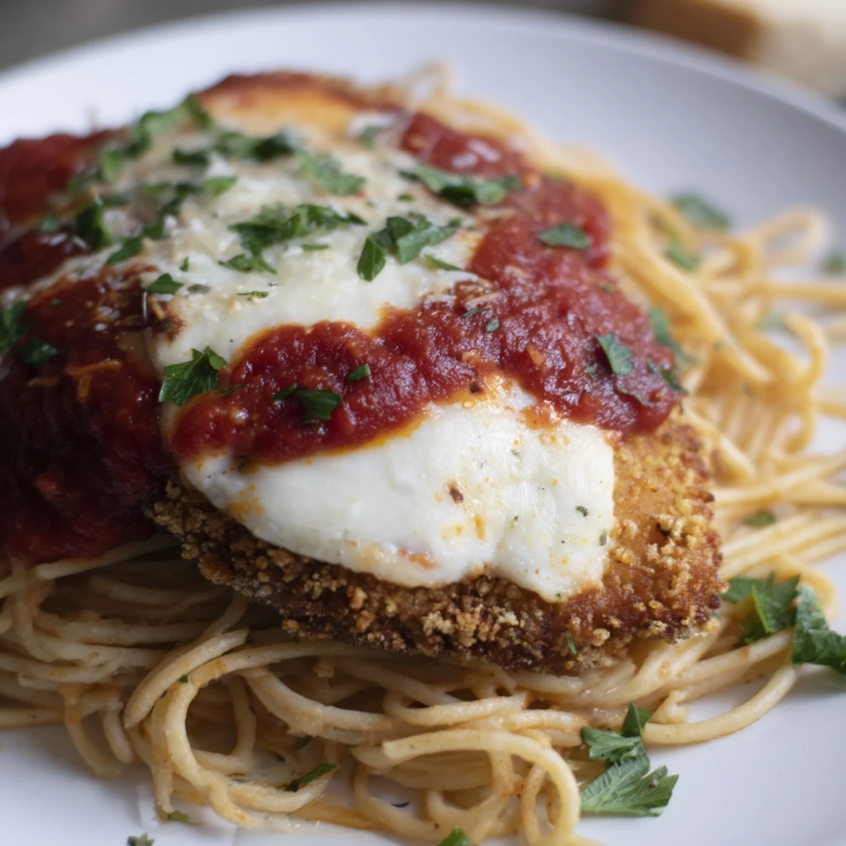 Golden, crispy Chicken Parmesan over spaghetti marinara, topped with melted mozzarella and fresh parsley for a comforting Italian-American dinner.