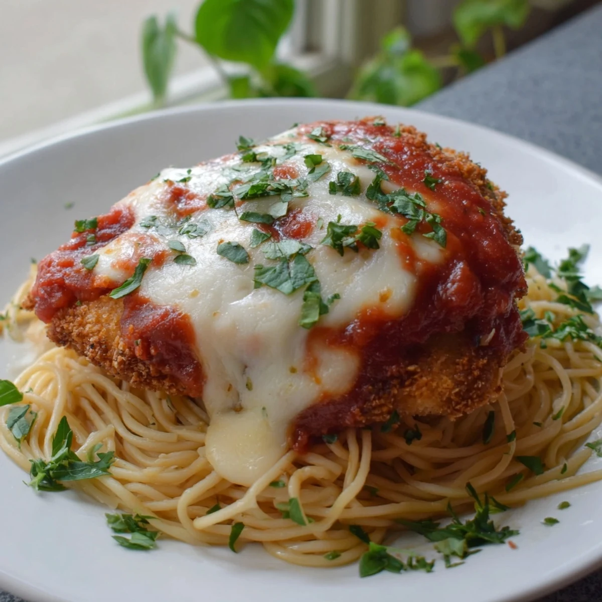 Crisp breaded chicken breast rests on twirled spaghetti marinara, with bubbling mozzarella and a steamy aroma in a cozy home kitchen.