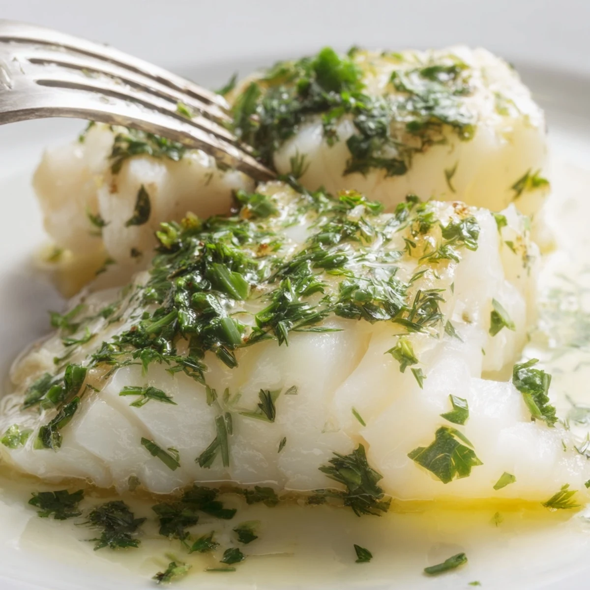 Golden-brown Baked Cod with Garlic Butter and Fresh Herbs flakes easily with a fork on a white plate.