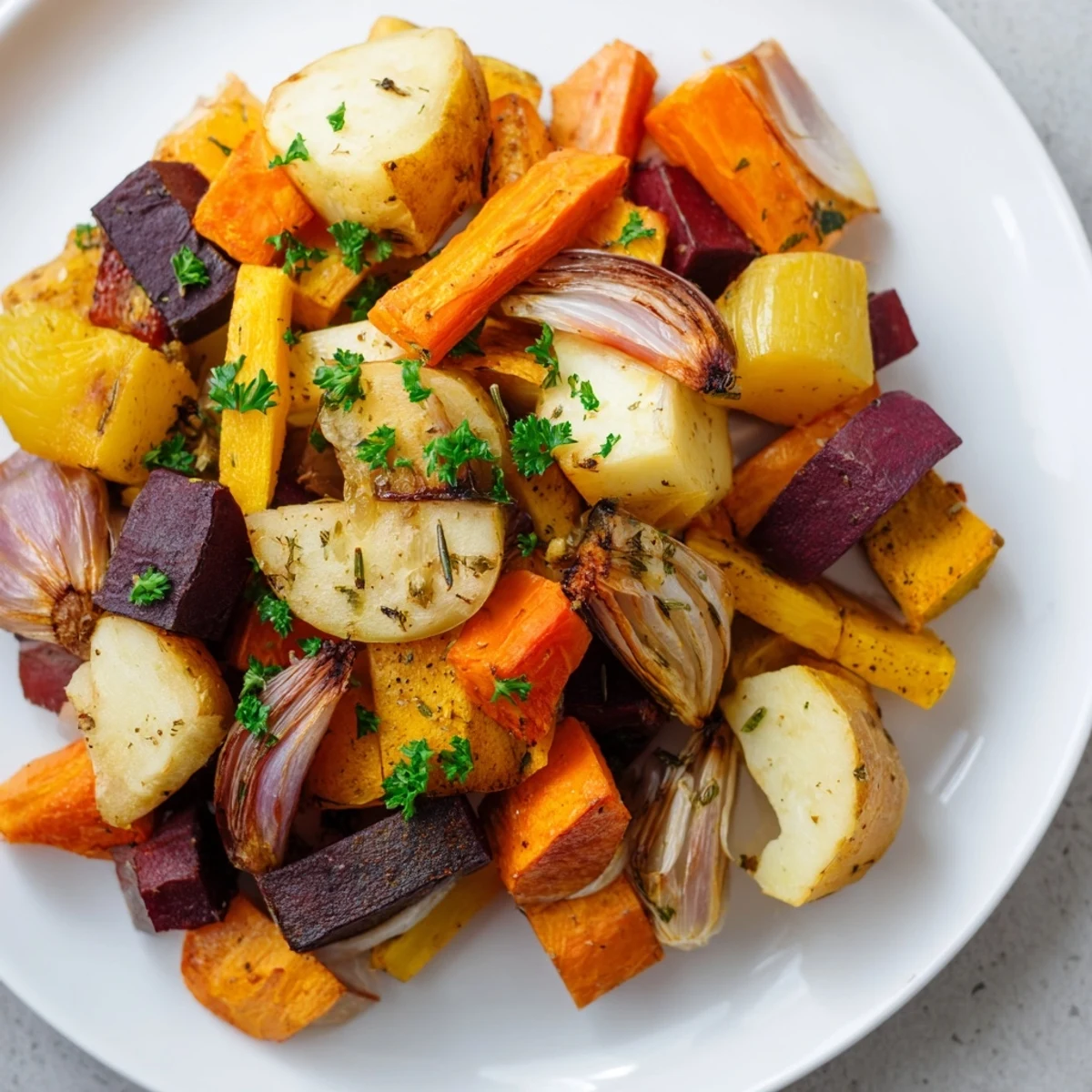A close-up of the roasted root vegetable medley, featuring caramelized carrots, parsnips, and sweet potatoes.