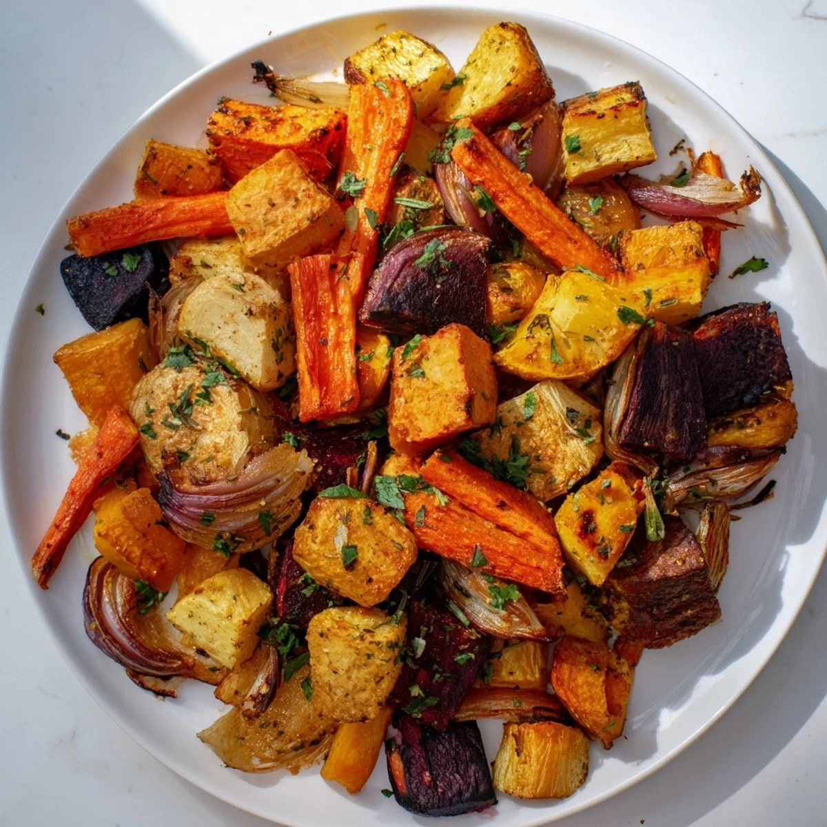 Golden roasted root vegetable medley with dried herbs, served hot from the oven in a rustic dish.