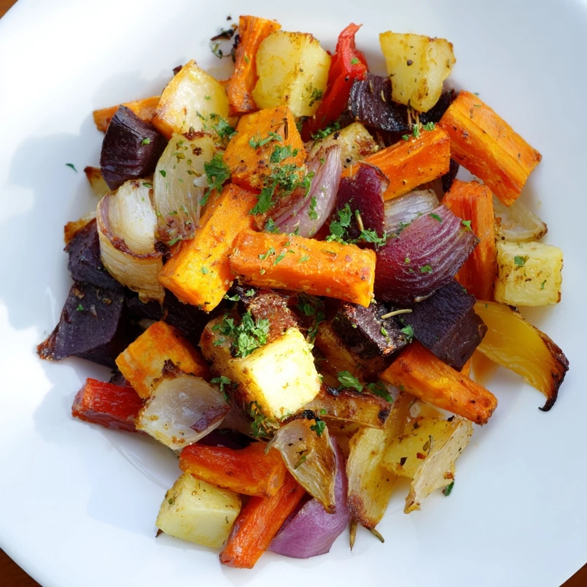 Colorful roasted root vegetable medley with dried herbs, garnished with fresh parsley and ready to serve.