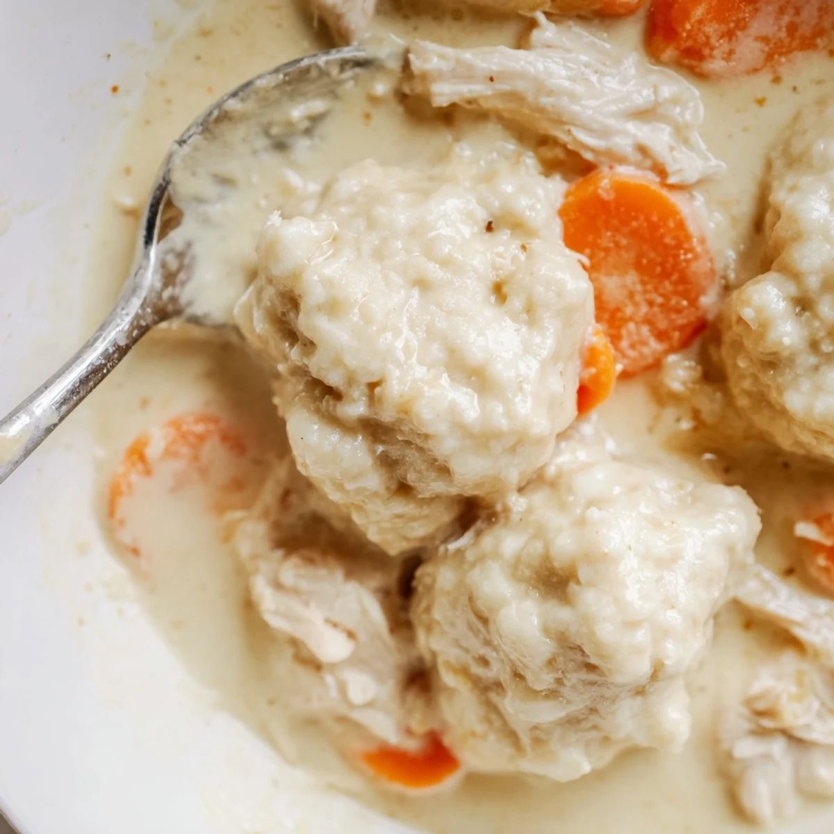 Steaming Slow Cooker Chicken and Dumplings with Carrots served in a rustic bowl.