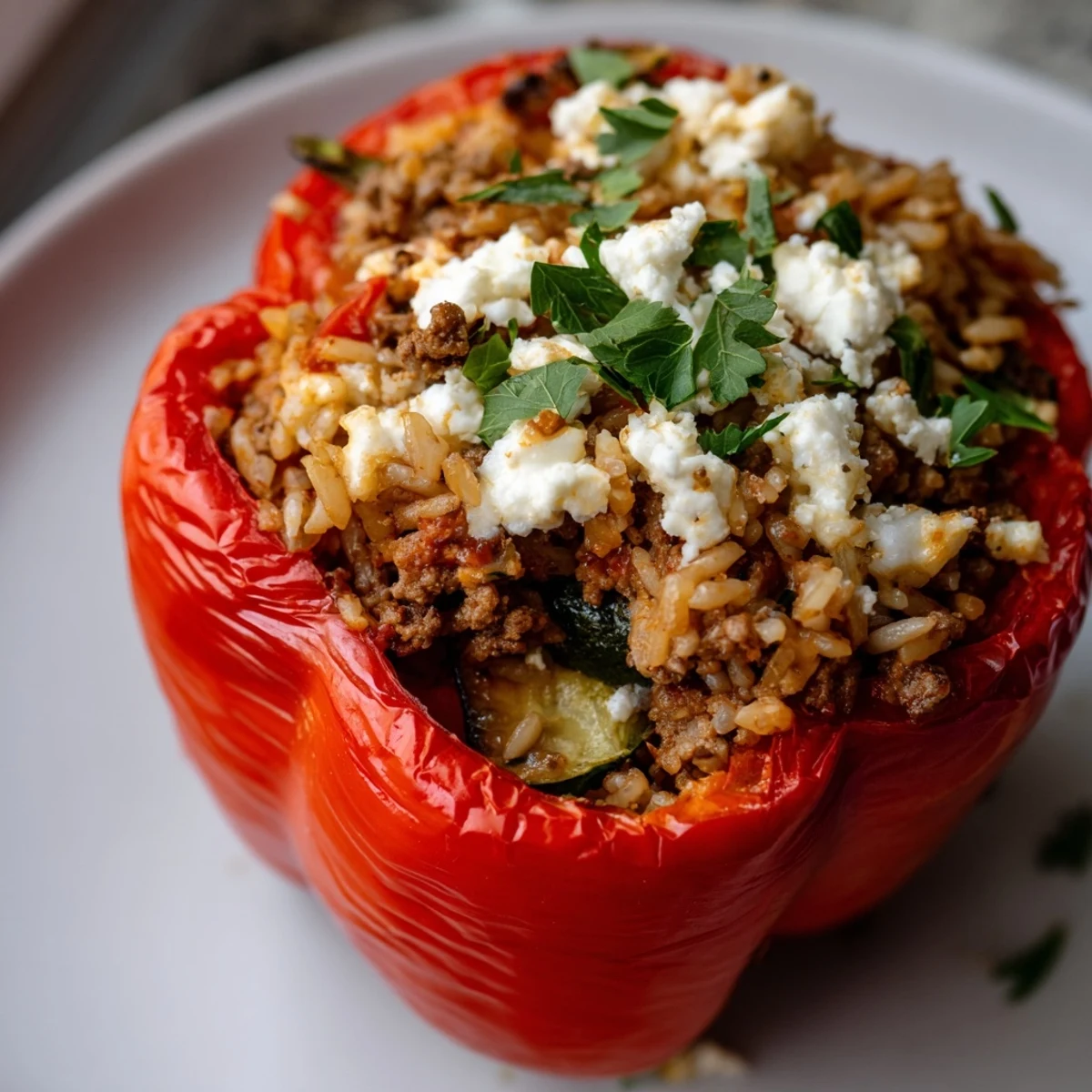 Golden Mediterranean Stuffed Bell Peppers with Ground Beef, filled with rice and topped with crumbled feta, ready to serve. 