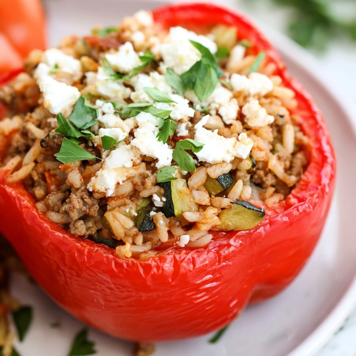 Warm Mediterranean Stuffed Bell Peppers with Ground Beef bubbling with savory spices and rich tomato sauce in a ceramic dish.