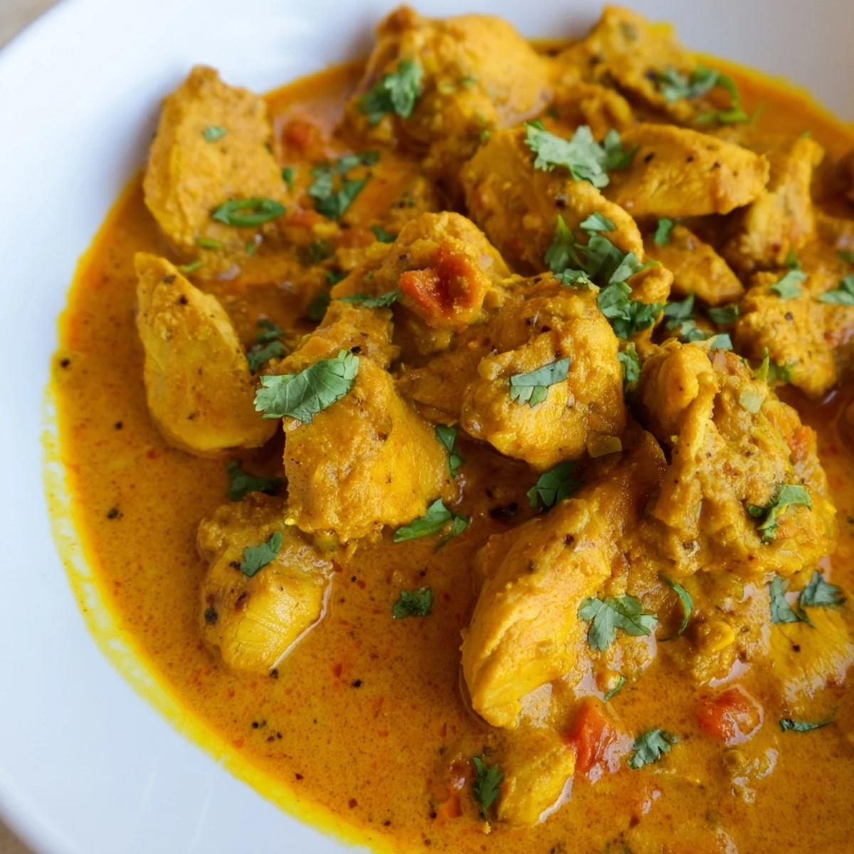 Spicy curry chicken served in a rustic white bowl garnished with fresh cilantro and lime.
