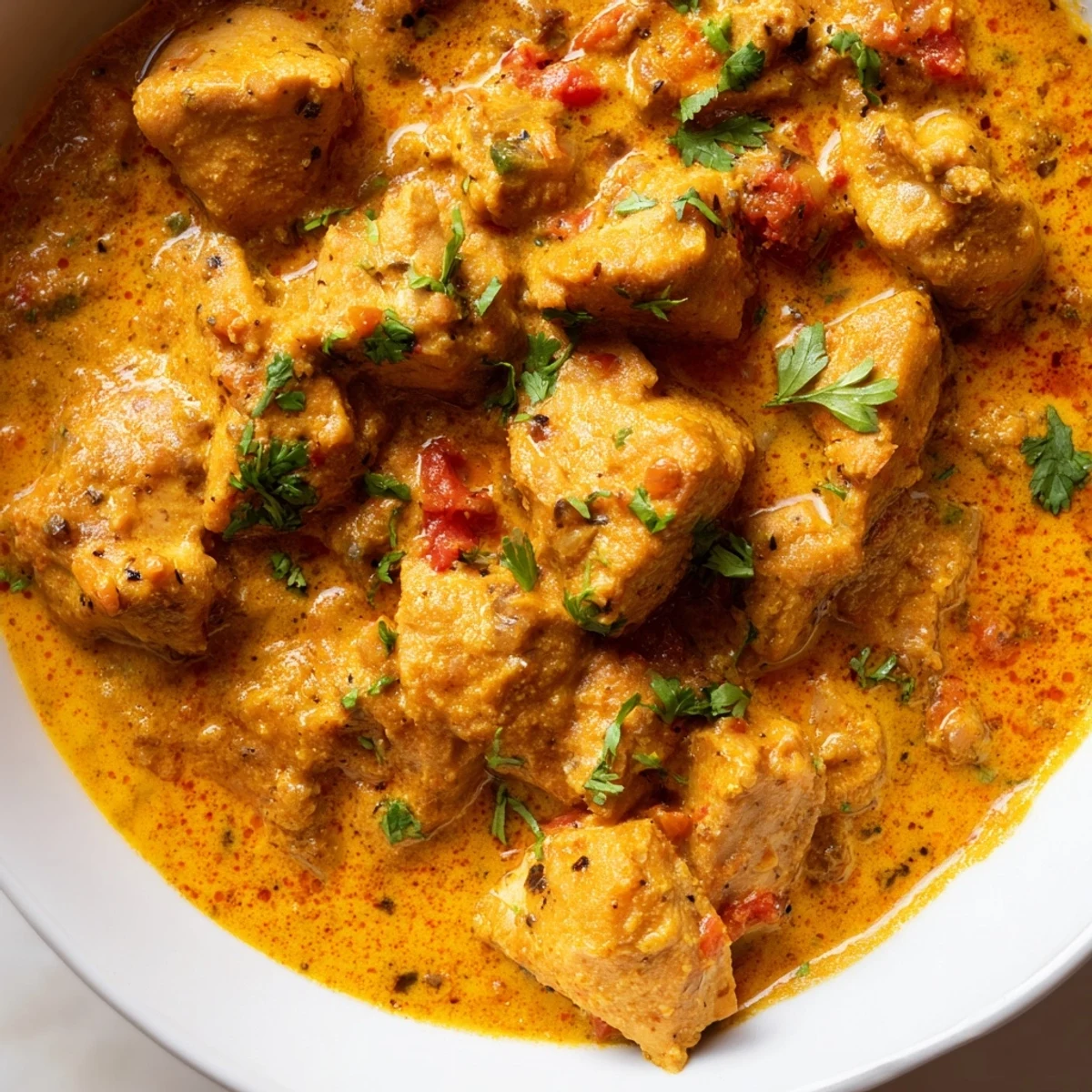 Golden-brown spicy curry chicken simmering in a creamy coconut milk sauce with aromatic spices.