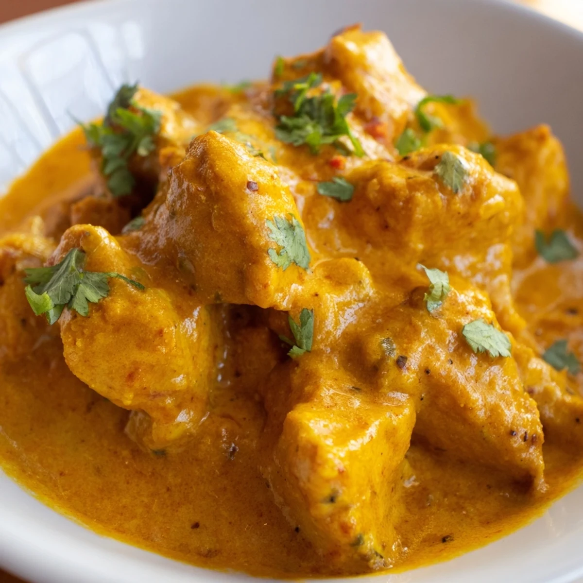 A vibrant bowl of spicy curry chicken paired with fluffy steamed basmati rice, ready to serve.