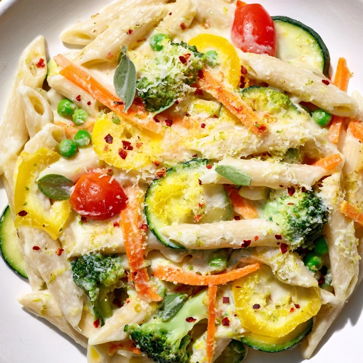 Close-up of Creamy Pasta Primavera, steam rising from cheesy fettuccine and al dente vegetables, garnished with fresh basil and lemon zest on top.