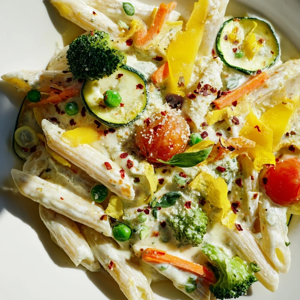 Overhead view of Creamy Pasta Primavera in a skillet, vibrant yellow bell peppers and green peas mixed with pasta, perfect for a weeknight vegetarian meal.