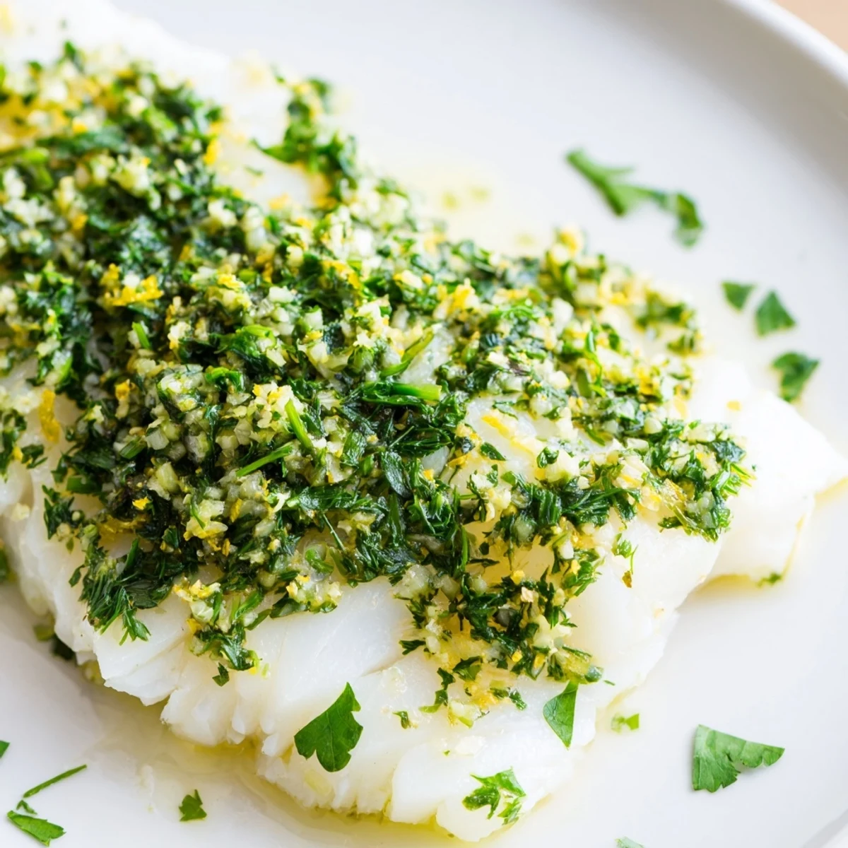 Flaky, oven-baked cod fillets topped with a bright lemon herb butter glaze, served on a white ceramic plate.