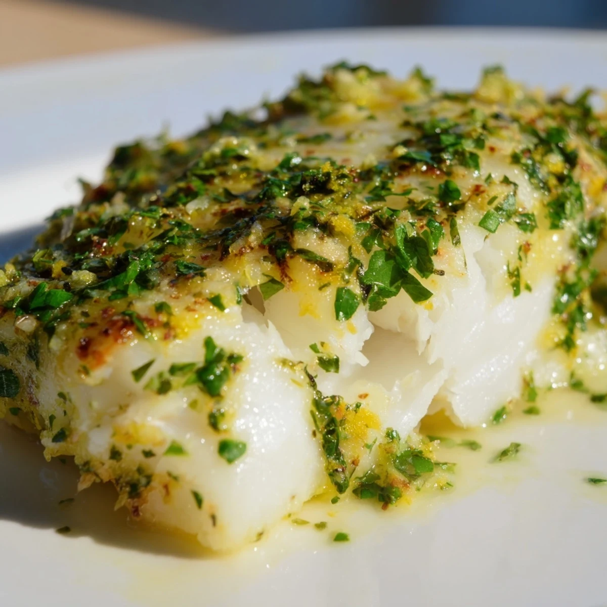 Perfectly cooked Baked Cod with Herb Butter ready for a healthy dinner, garnished with fresh parsley and lemon wedges.