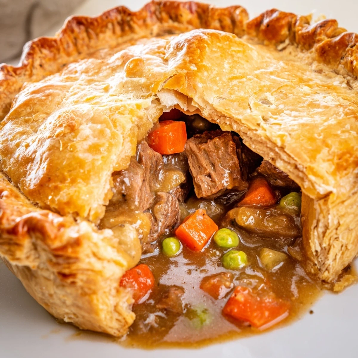 A rustic Beef Pie with Crust sits sliced open, revealing tender beef chunks and vegetables in rich, steaming gravy.