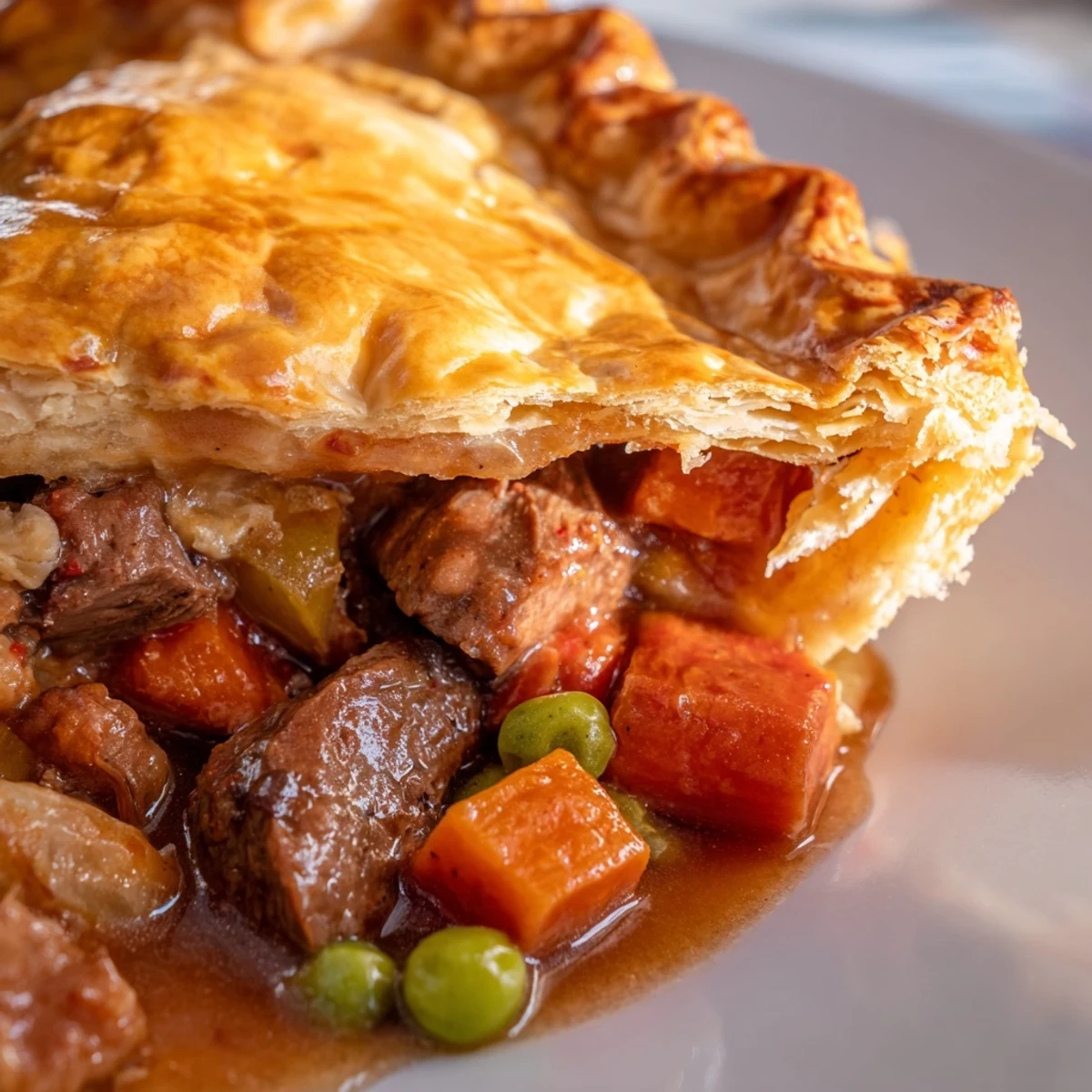 A golden flaky Beef Pie with Crust rests on a wooden board, served beside green peas and a glass of wine.
