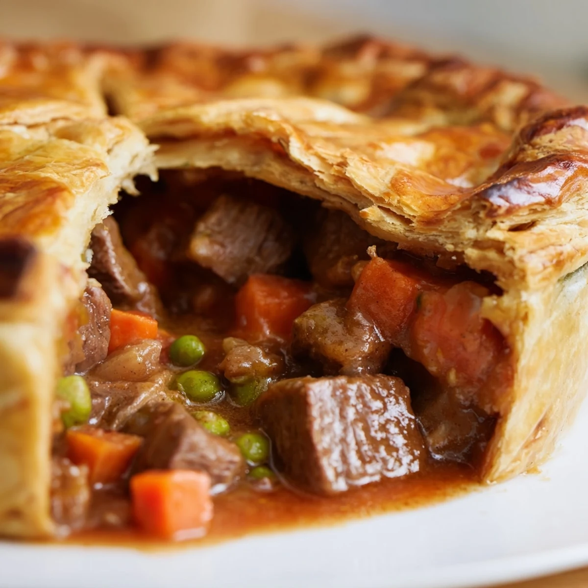 A slice of Beef Pie with Crust is lifted with a fork, showing bubbly filling and a crisp, golden pastry top.