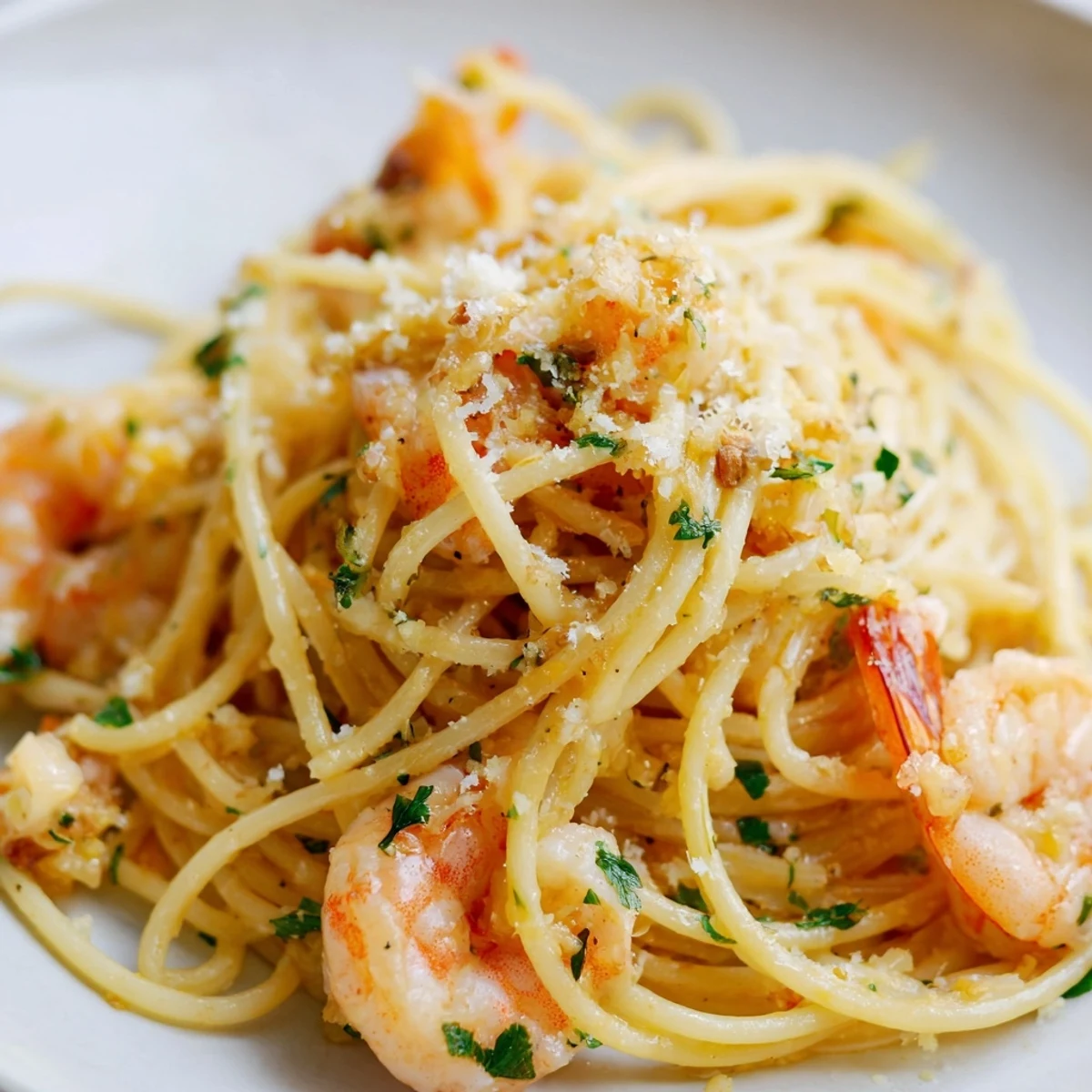 Close-up of Lemon Shrimp Pasta plated with Parmesan and a lemon wedge, served with white wine.