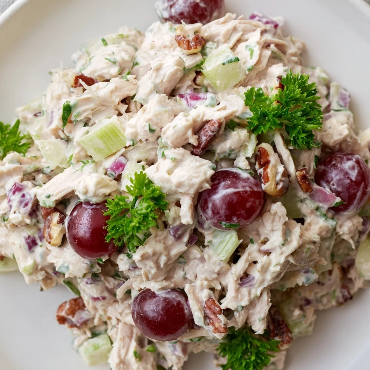 Served on a rustic wooden table, this Chicken Pecan Salad is garnished with parsley, perfect for a light lunch or picnic.