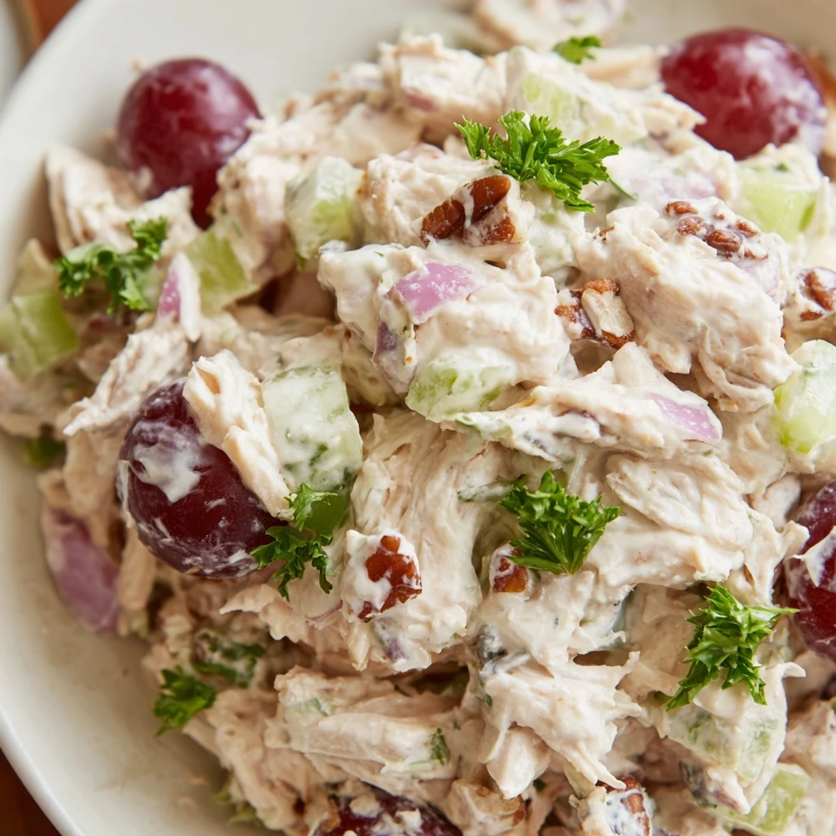 Close-up view of creamy Chicken Pecan Salad highlighting chopped pecans and juicy red grapes, prepared in a mixing bowl for easy serving.