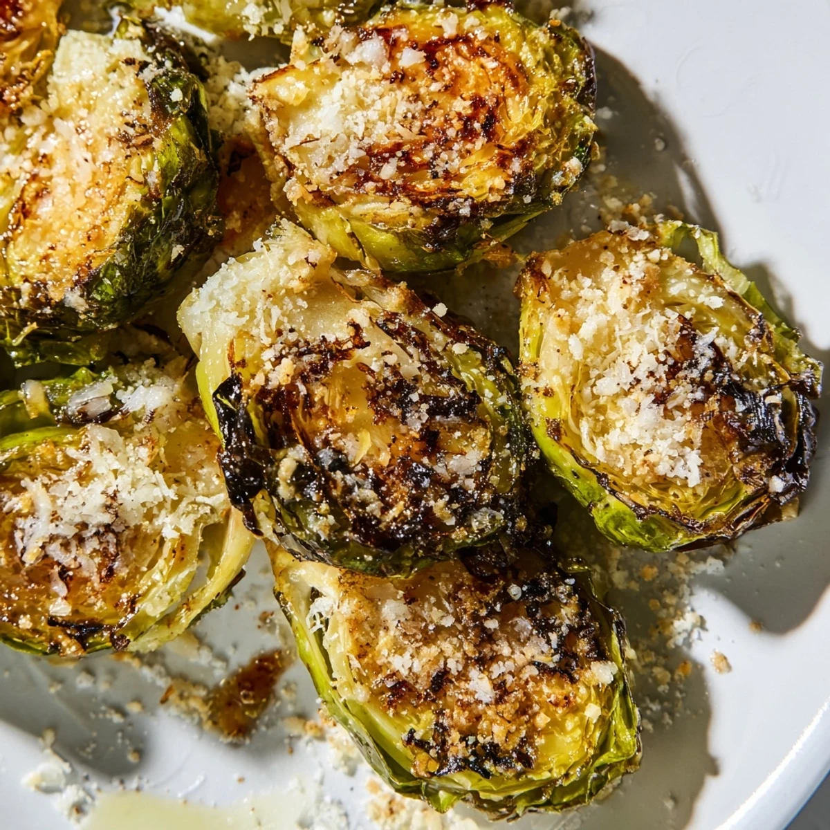 Golden brown Roasted Sprout Halves with crispy edges and a caramelized glaze, served as a savory vegetarian side dish.