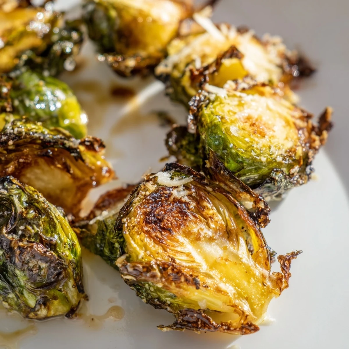 Freshly roasted Brussels sprouts halves with parmesan and balsamic glaze, a perfect gluten-free side for a holiday dinner plate.