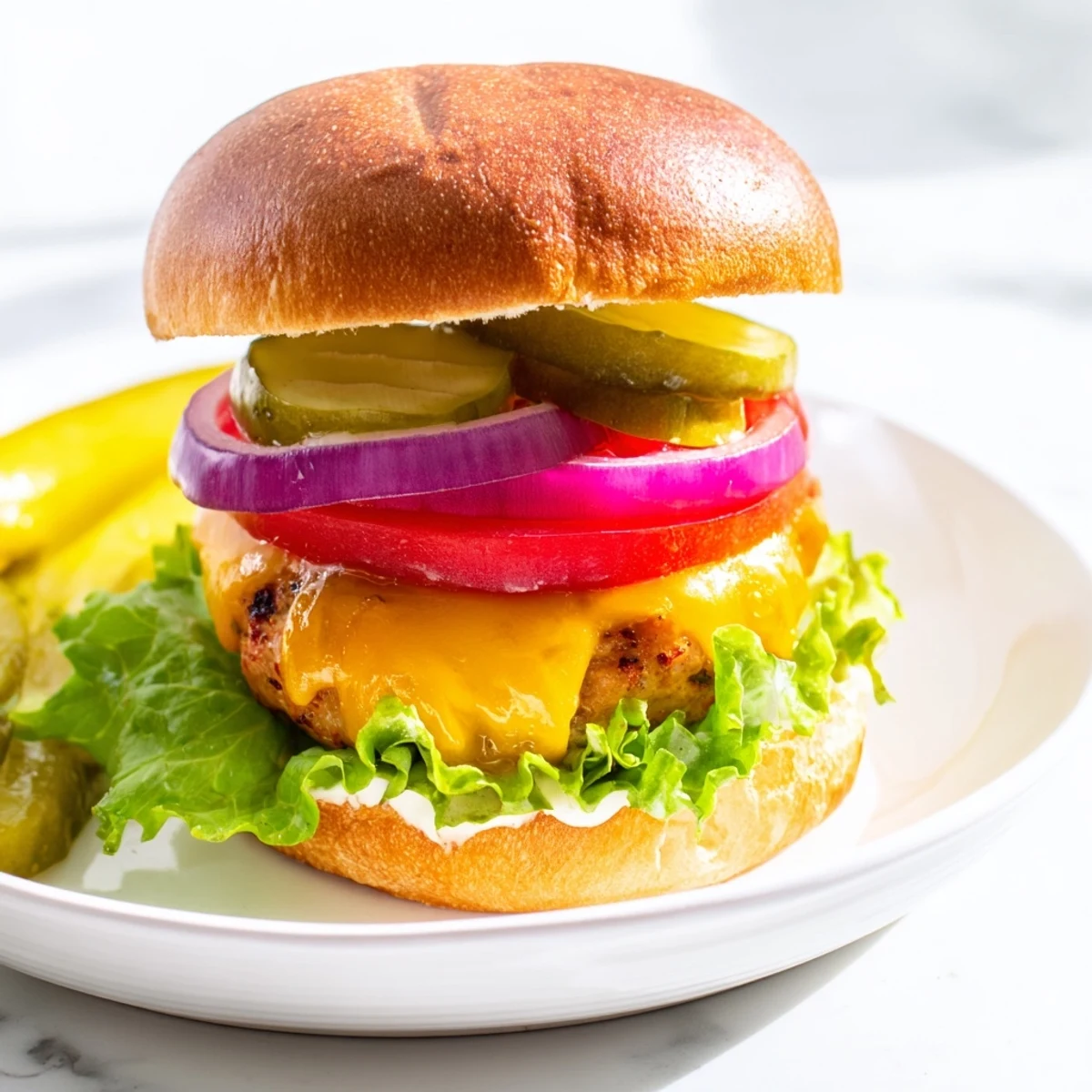 Mouthwatering Turkey Cheese Burger with melted cheddar, crisp lettuce, ripe tomato slices, and red onions on a toasted sesame bun.