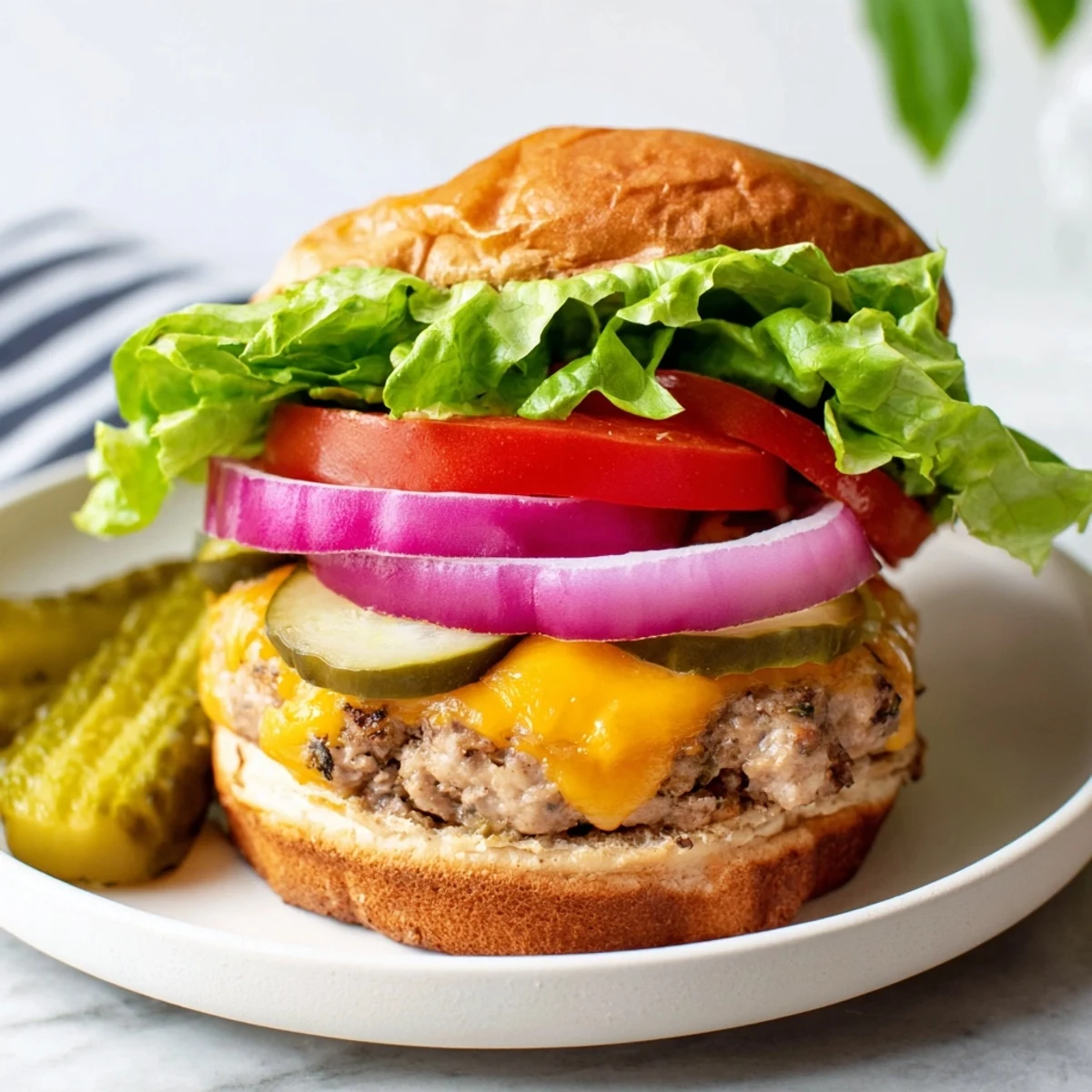 Close-up of a sliced Turkey Cheese Burger showing a juicy turkey patty, gooey cheese, and fresh toppings on a soft bun.