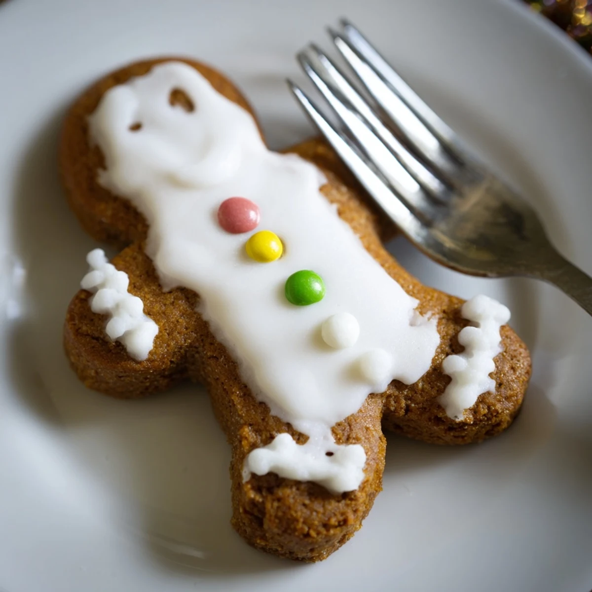 A festive plate of Gingerbread Men Biscuits decorated with white icing and colorful sprinkles, perfect for a Christmas party.