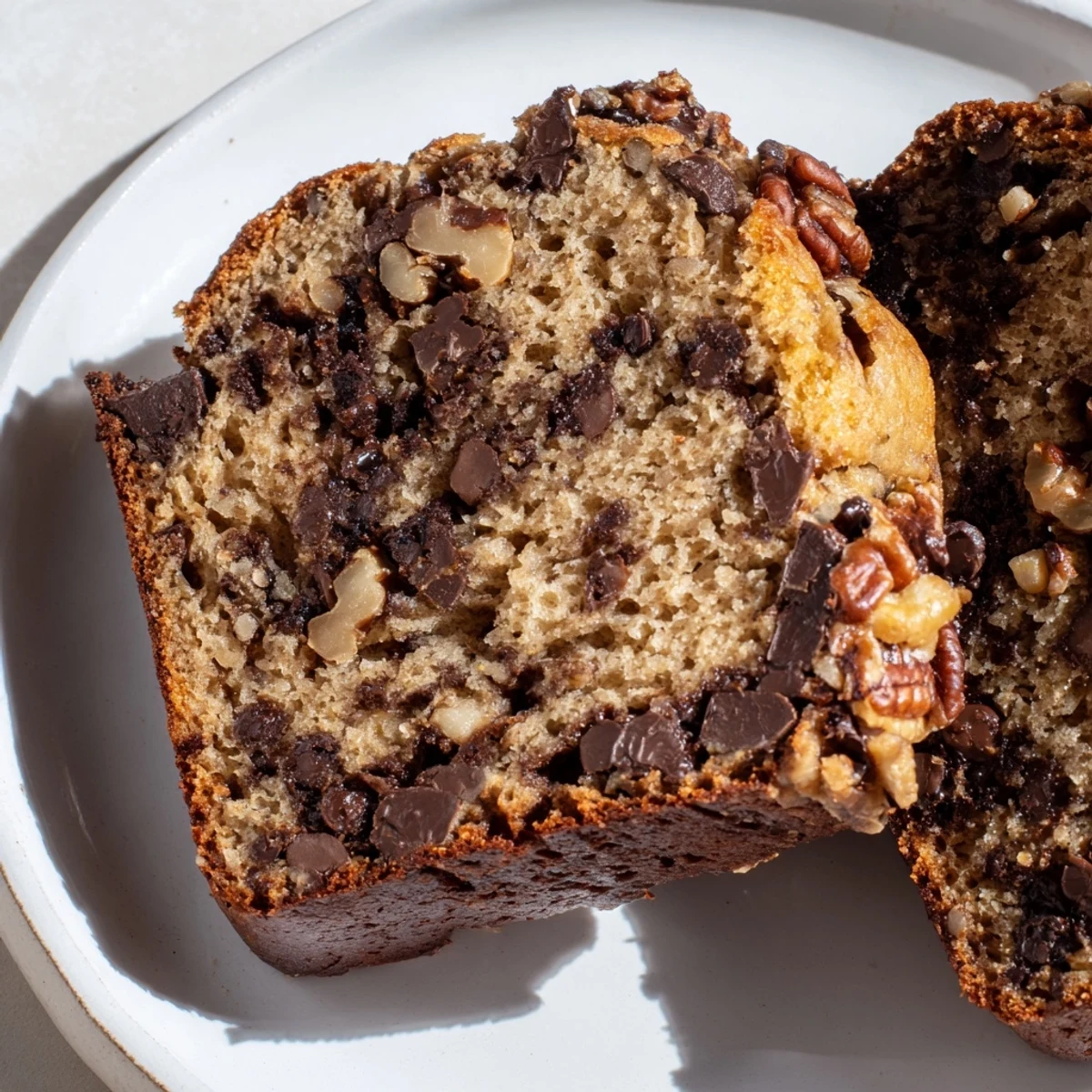 Close-up of Chocolate Chip Banana Bread with Pecans showing a tender crumb, melted chocolate chunks, and chopped pecans throughout.