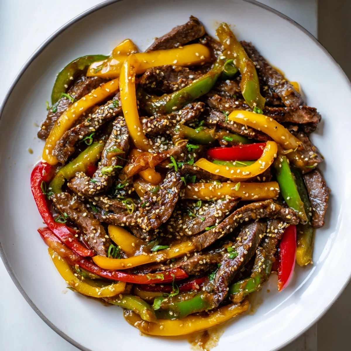 Freshly seared beef strips and crisp red, yellow, and green bell peppers are coated in a glossy, spicy garlic sauce in this Spicy Beef and Bell Pepper Stir Fry. Served hot and steaming, it's a vibrant and sizzling weeknight dinner ready for a bowl of fluffy white rice.