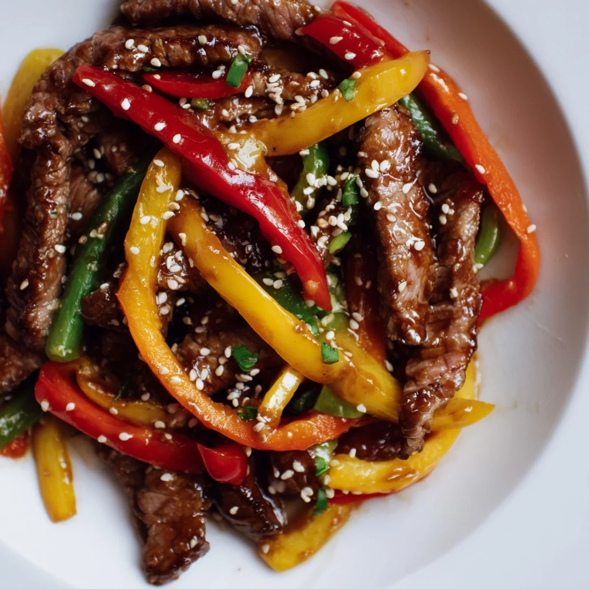Tender beef slices and colorful bell peppers glisten with a bold, spicy red sauce in this sizzling Spicy Beef and Bell Pepper Stir Fry. A close-up reveals the juicy texture and fresh ginger garnish, perfect for serving over steamed jasmine rice for a quick meal.